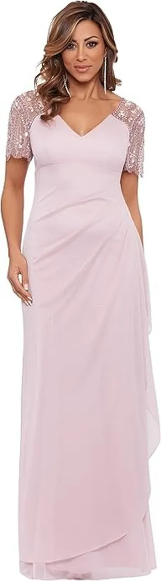 XSCAPE Long Sheer Matte Jersey Beaded Flutter Sleeve (Rose) Women's Clothing