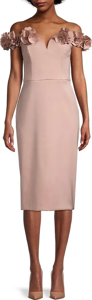 Floral Appliqué Off the Shoulder Sheath Dress