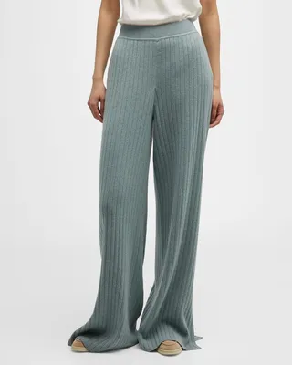 Syrian Lake Wide-Leg Split-Hem Cashmere Rib Pants