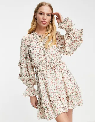Topshop vintage floral ruffle lattice front mini dress in multi