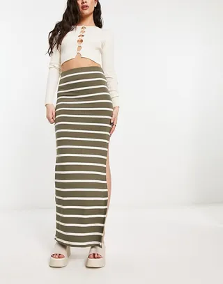 Bershka twist front ribbed midi skirt in khaki & ecru stripe