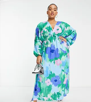 ASOS DESIGN Curve batwing sleeve elastic waist midi dress in distorted floral print