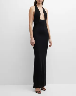 Plunging Slope Halter Maxi Dress