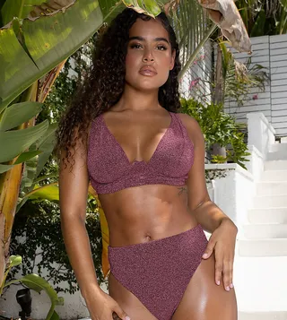 Wolf & Whistle x Malaika Terry Fuller Bust mix & match high waist bikini bottoms in metallic pink