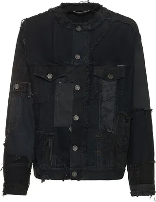 Overdyed denim patchwork crew jacket