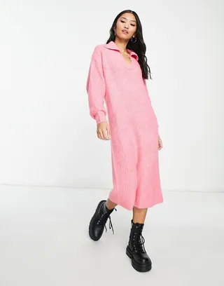 Vero Moda knit collared maxi dress in pink