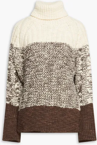 Color-block marled ribbed wool turtleneck sweater