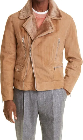 Men's Chevron Textured Leather & Genuine Shearling Biker Jacket