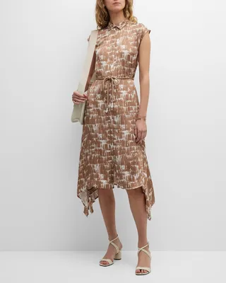Cap-Sleeve Abstract-Print Midi Dress