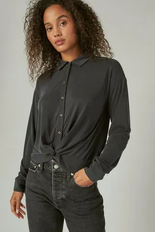 Sandwash Twist Front Long Sleeve Button Up Shirt