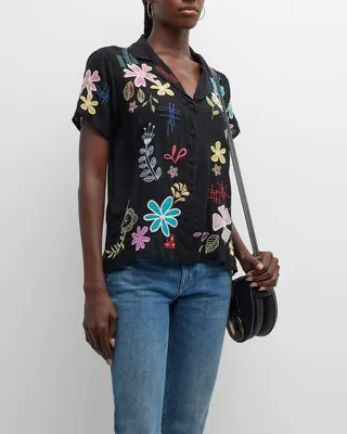 Kiki Crinkled Button-Down Applique Blouse
