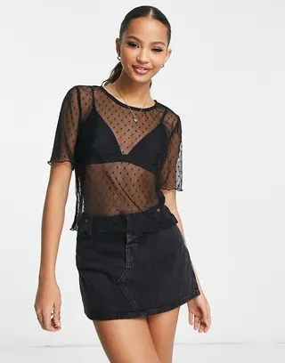 Pieces rachel short sleeve mesh top in black