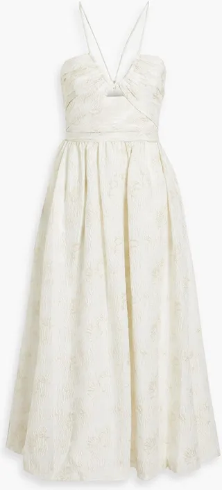 Ruched metallic cloqué-jacquard midi dress