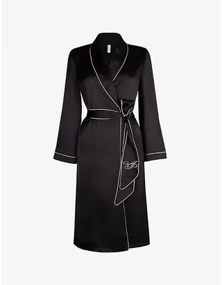 Womens Black Pink Contrast-piped Silk Robe