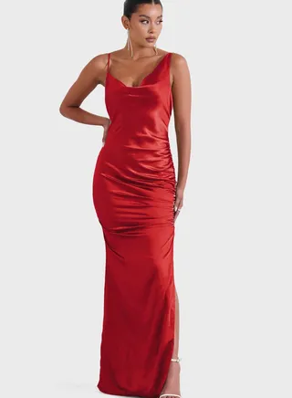 Cowl Neck Ruched Side Slit Dress