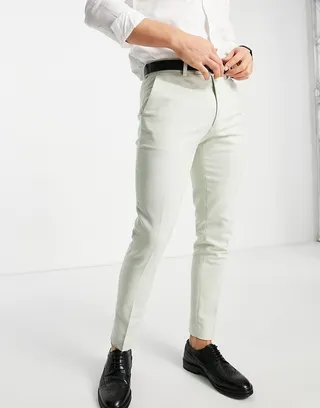 ASOS DESIGN wedding super skinny wool mix smart pants with pastel green dog tooth check