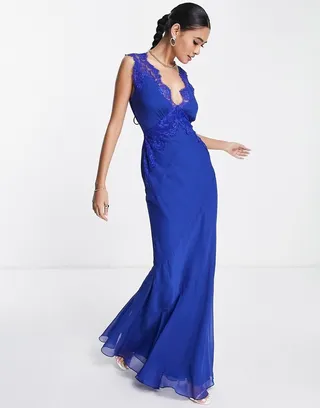 ASOS DESIGN bias cut chiffon maxi dress with applique lace
