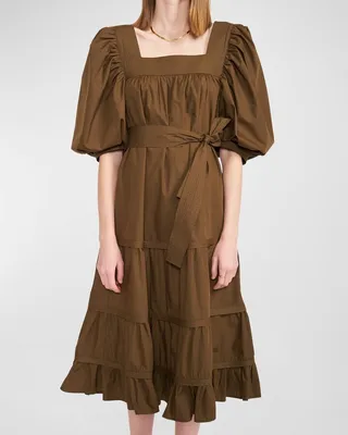 Gilda Puff-Sleeve Tie-Belt Poplin Midi Dress