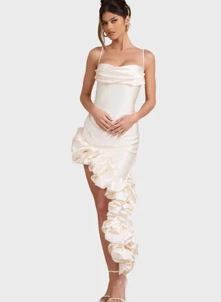 Cowl Neck Asymmetric Ruffle Dress