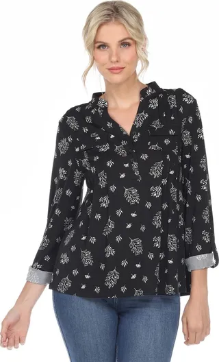 Pleated Long Sleeve Leaf Print Blouse Black Small - White Mark