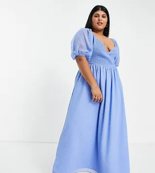 ASOS DESIGN Curve textured shirred wrap maxi dress in blue