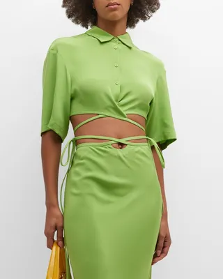 Crisscross Waist-Ties Collared Crop Silk Shirt