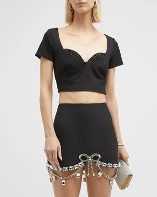 Strass Embellished Cup Crop T-Shirt