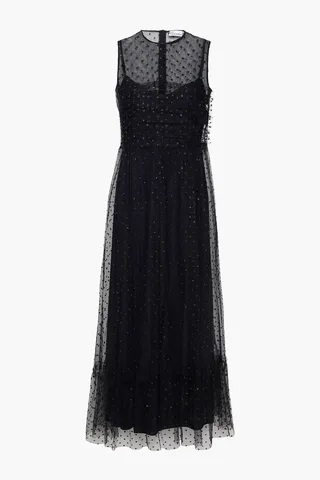 Gathered glittered tulle midi dress