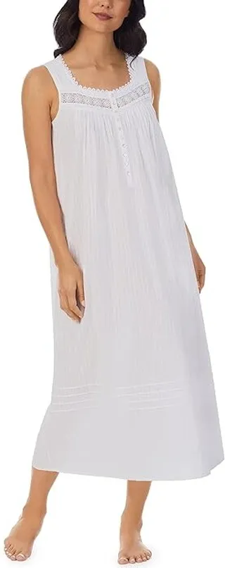 Eileen West Cotton Dobby Stripe Woven Sleeveless Ballet Nightgown (White) Women's Clothing