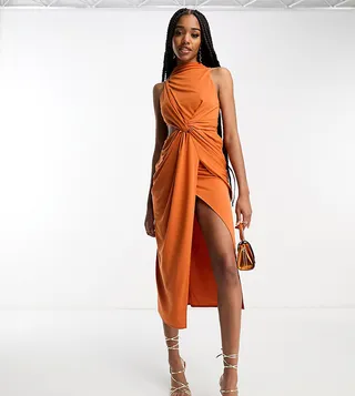ASOS DESIGN Tall high neck drape minimal cut out midi dress in rust