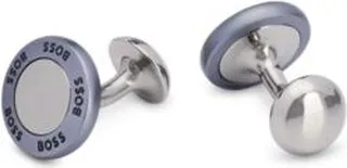 Round brass cufflinks with logo-etched aluminum ring