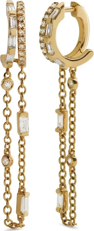 Double Mixed Diamond Yellow Gold Fringe Huggies
