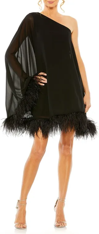 One-Shoulder Feather Trim Cocktail Minidress
