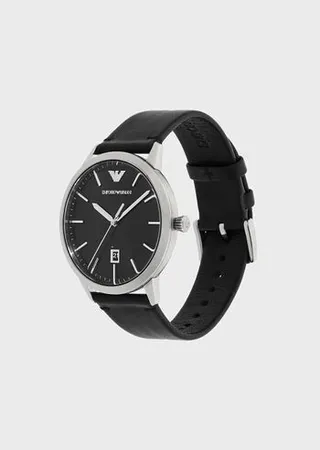 Three-Hand Date Black Leather Watch and Bracelet Set
