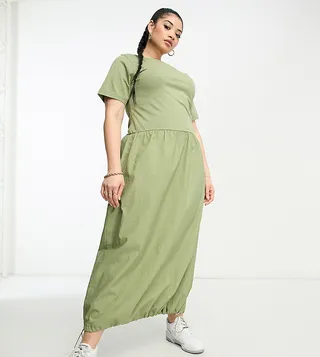 ASOS DESIGN Curve 2-in-1 crew neck T-shirt midi dress with cargo skirt in khaki