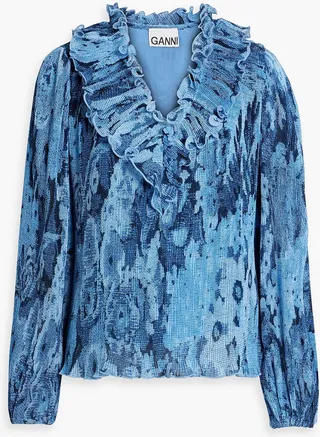 Ruffled printed plissé-chiffon blouse