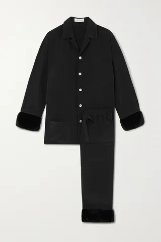 Olivia von Halle - Casablanca Riri Faux Fur-trimmed Silk Crepe De Chine Pajama Set - Black