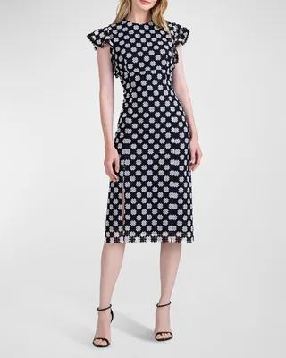 Aya Flutter-Sleeve Lace Midi Dress