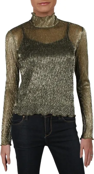 Womens Metallic Sheer Turtleneck Top