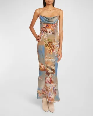 Sky-Print Cowl-Neck Mermaid Maxi Dress