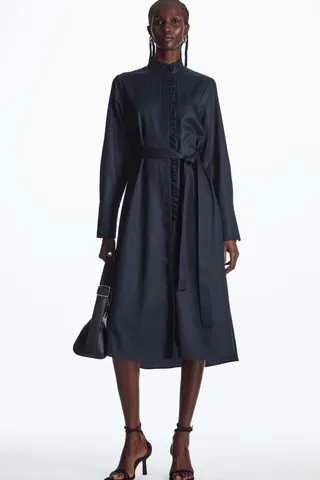 Belted Ruffled Midi Shirt Dress