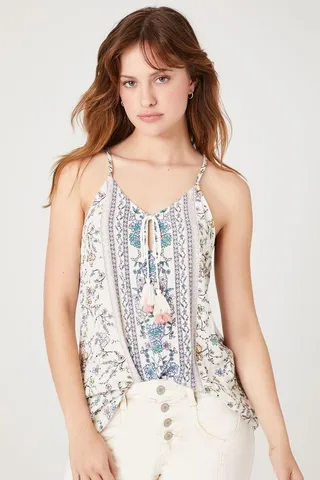 Ornate Floral Print Tassel Cami