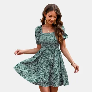 Women's Smocking Square Neck Mini Dress - Cupshe-XL-Green