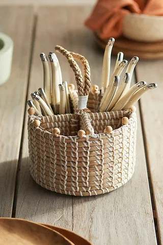 Woven Colorful Seagrass Utensil Holder with Beads White