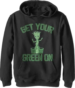 Boy's Marvel Groot St. Patrick's Day Get Your Green On Pull Over Hoodie - Black - Large