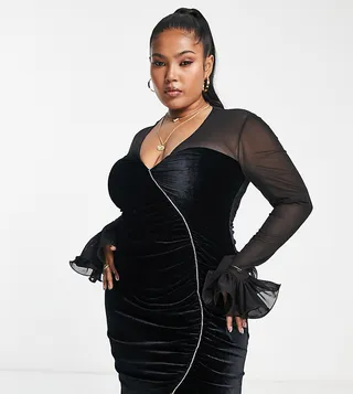 ASOS LUXE Curve plunge neck velvet mini dress with sheer sleeves in black
