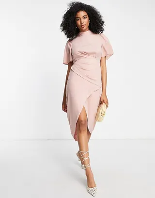 ASOS DESIGN short sleeve high neck drape wrap front midi dress in blush