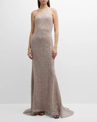 One-Shoulder Trumpet Gown with Beaded and Sequin Detail
