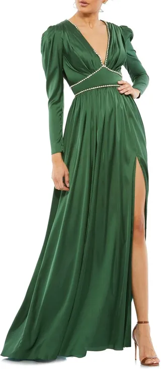 Crystal Detail Satin Empire Waist Long Sleeve Gown