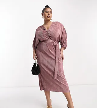 ASOS DESIGN Curve plisse midi wrap dress with belt in rose